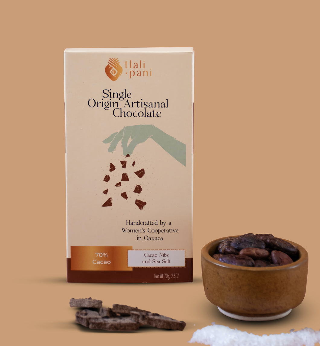 Single Origin Artisanal Chocolate Bar with Cacao Nibs and Sea Salt